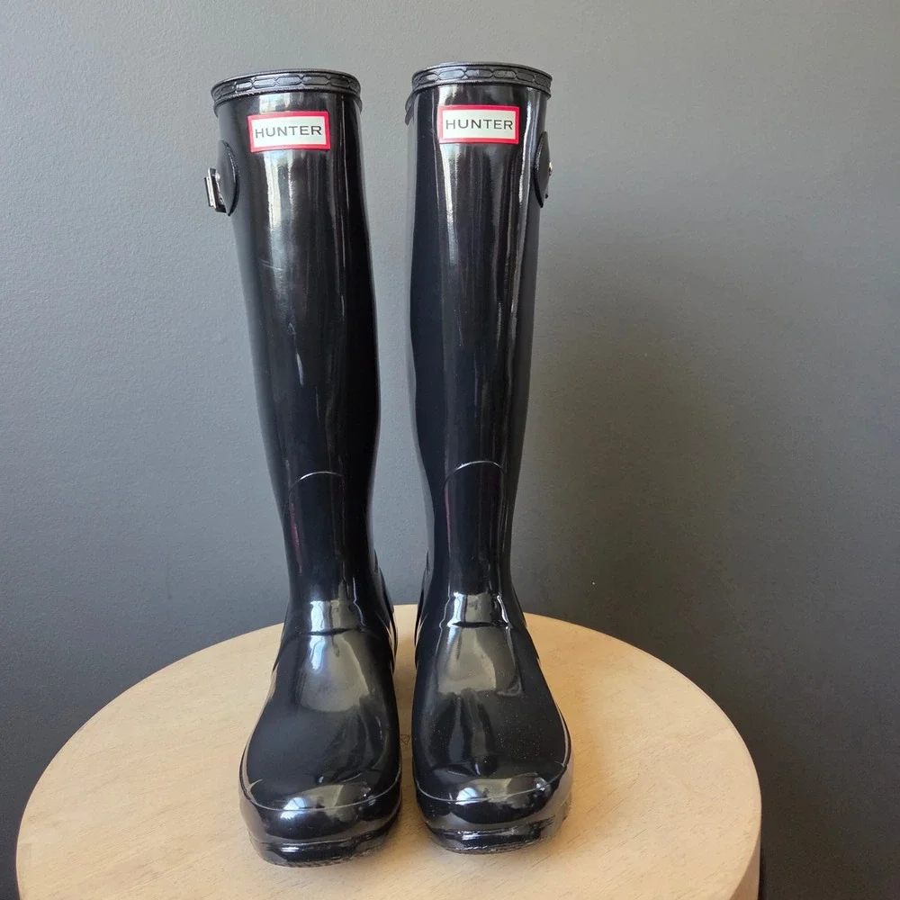 Hunter Original Tall Gloss Black Waterproof Rain Boots WFT1000RGL Womens Size‎ 7